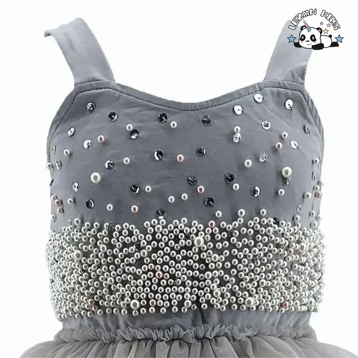 LEZONKIDS - Vestido de Festa para Meninas Elegante de Verão com Camadas de Rede e Pérolas Personalizadas